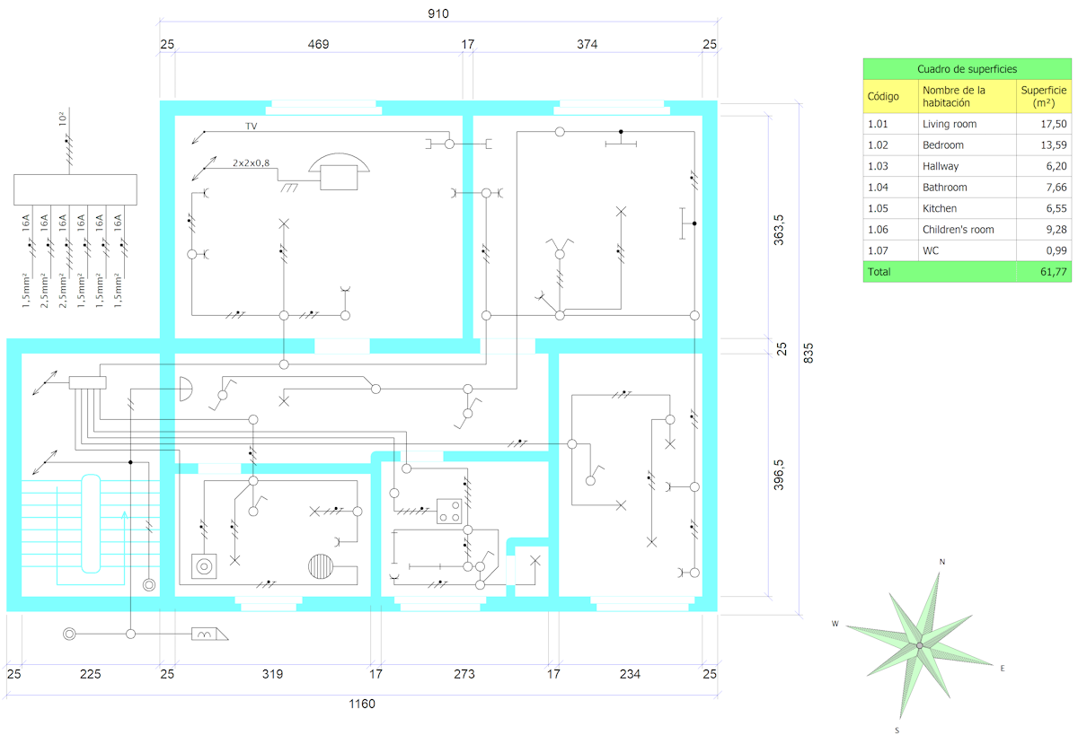 Dibujo de ejemplo de la instalación eléctrica de una casa con una tabla (leyenda de habitaciones)